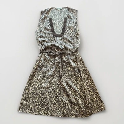 Sleeveless Silk Dress Gray Floral with Velvet Trim and Belt A Line Womens Size 6 - Image 1 of 4