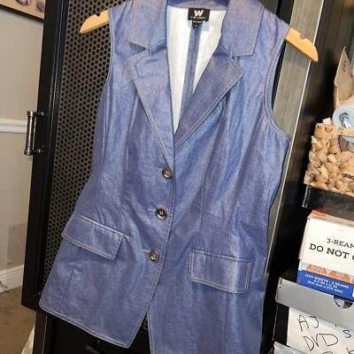 Chaqueta Blusa W by WORTH Denim Azul Plateado Botón Sin Mangas Mezcla Algodón Talla 6 Foto 1 de 4