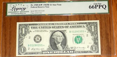 FR. 1905-B* 1969-B $1 STAR FEDERAL RESERVE NOTE NEW YOR NY LEGACY GEM NEW 66PPQ - Image 1 of 4