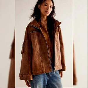 Chaqueta de cuero Free People We The Free Skyline en marrón caramelo para mujer XL - Imagen 1 de 12