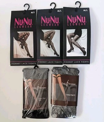 Lote de 5 Medias de Encaje de Rejilla Grandes Medianas Hasta el Muslo Negras L M Foto 1 de 4