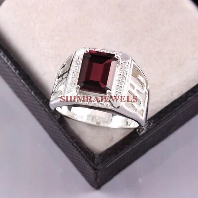 Naturale Granato Gemma Con 18K Placcato Oro Bianco Argento Uomo Anello #157 - Immagine 1 di 4