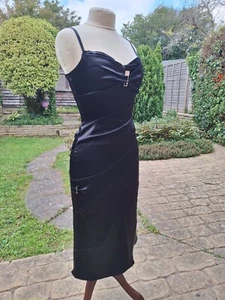 KAREN MILLEN Black Satin Safety Pin Vintage Occasion Dress UK 10 EU 38 USA 6 - Picture 1 of 22