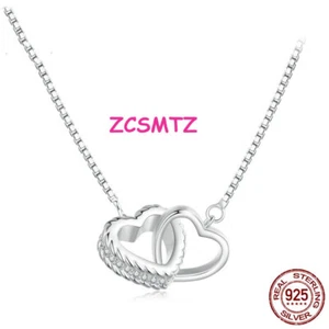 Double Ring Herz Zu Herz Halskette S925 Sterling Silber Herz Anhänger Halskette - Bild 1 von 14