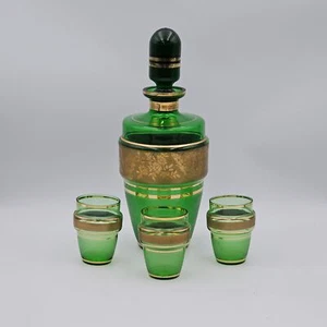 Vintage Green Bohemia Glass Decanter and 3 Cups Set (H: 28 cm) (C1) NS#8745 - Picture 1 of 9