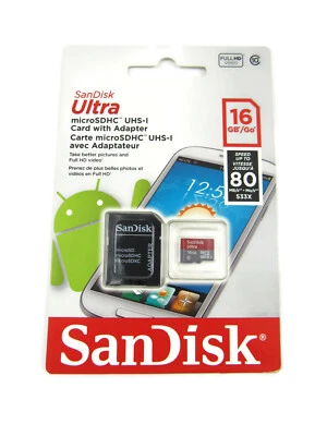 SanDisk Ultra 16GB  MicroSDHC UHS-I Card With Adapter 80MB/s Mo/s 533x New - Image 1 of 3