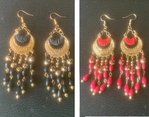 Gold Plated Boho Indian Bead Tassel Drop Dangle Earrings Black, Red & Gold Beads - Picture 1 of 7