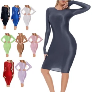 Women Glossy Slim Fit Pencil Dress Long Sleeve Round Neck Bodycon Dress AU - Picture 1 of 85