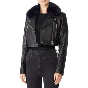 🌻Samantha Sipos Black Leather Faux Fur Cropped Leather Jacket - Picture 1 of 14
