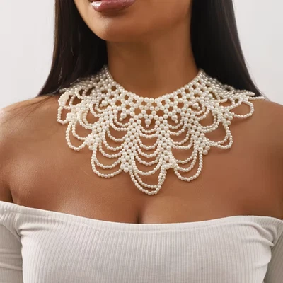 Pearl Collar Necklace Choker Victorian Lace Scalloped Wide Bib Off White PRETTY - Image 1 of 4