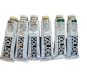 Golden Acrylic Paint Lot Of 6 Silver Gold Fine Pearl Green Ywllow Shade NOS - Picture 1 of 7