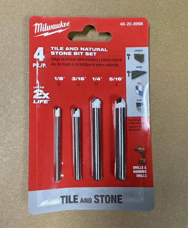 Milwaukee 48-20-8998 Juego de 4 brocas para azulejos y piedra natural 1/8" 3/16" 1/4" 5/16" Foto 1 de 1