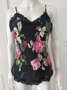 NEU Badgley Mischka schwarz Blumenmuster 100 % Seide Spitzenbesatz Camisole Tank Top Größe M - Bild 1 von 7
