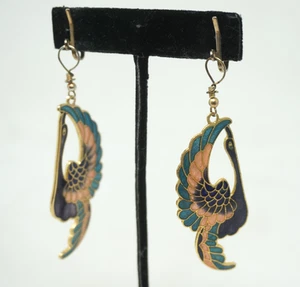 Vintage Enamel Cloisonné Swan Earrings Bird Teal Blue Dangle - Picture 1 of 6