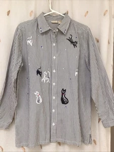 Bobbie Brooks Bluse Top gestreift Katzen Applikation 100% Baumwolle bezaubernd, Gr. M - Bild 1 von 14