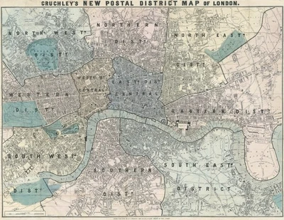Mapa antiguo "Cruchley's New Postal District Map of London" G.F. Cruchley, c.1862 Foto 1 de 4