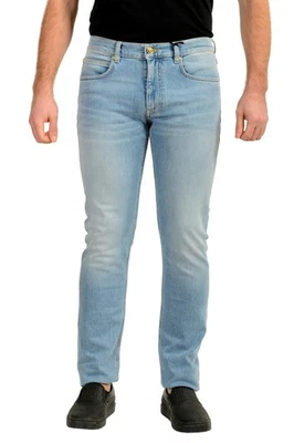Jeans Versace masculino azul claro logotipo lavagem bordado perna reta EUA 34 IT 50 - Imagem 1 de 4