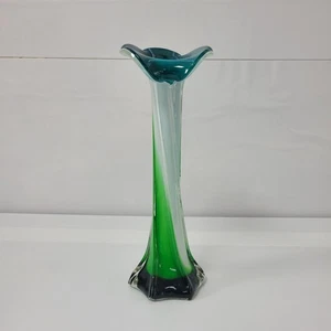 Vintage Swung Vase Emerald White Blue 10.5" MCM Blown Glass  Jack In The Pulpit - Picture 1 of 12