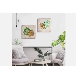 Luxen Home 2 Stück Holz und Metall Tropisches Blatt Wandrelief - Gold Neu - Bild 1 von 6