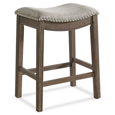 ROME + OAK Backless Saddle Counter Stool, Walnut, Grey Upholstery (For Parts) - Image 1 of 4