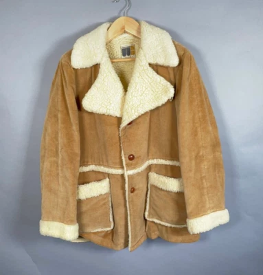 复古 70 年代灯芯绒夏尔巴牧场主外套男式 44 棕色万宝路男士风格 — 第 1/4 张图片