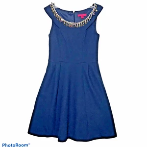 BETSEY JOHNSON Y2K Fit N Flare Dress Navy Rhinestones Size 4 Sleeveless Lined - Picture 1 of 11