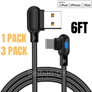 6Ft 90 Degree Braided USB Charging Data Cable Cord For iPhone 14 13 12 11 iPad 8 - Picture 1 of 14