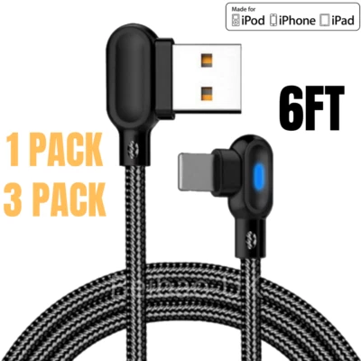 6Ft 90 Degree Braided USB Charging Data Cable Cord For iPhone 14 13 12 11 iPad 8 - Image 1 of 4