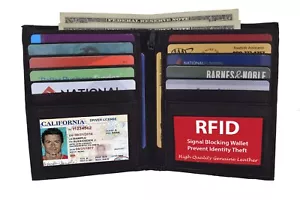 RFID Block schwarz Leder Herren Doppelfaltbar Europäische Hipster Geldbörse 2 Ausweisfenster - Bild 1 von 8