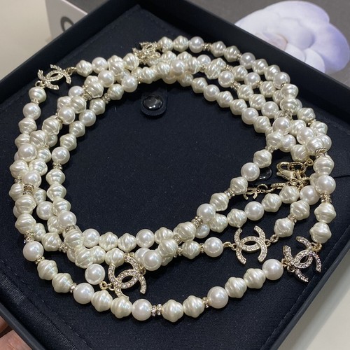 ?CHANEL Collana Maglione Lungo Diamante Pieno 5 CCS Perle Catena con Cristallo 24C
