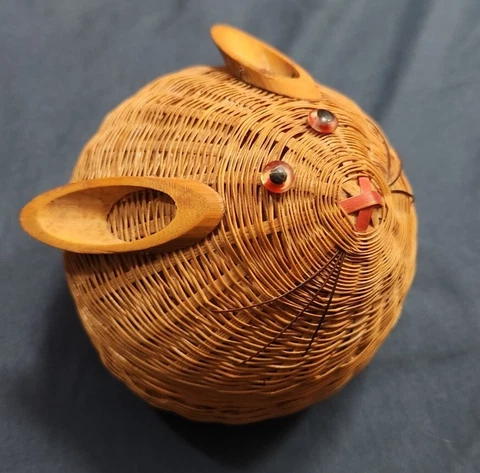 Vintage 1970s Shanghai Wicker Vintage Rattan Bunny / Mouse Basket With Ceramic Cover