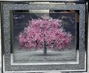 CRUSHED DIAMOND BLOSSOM TREE PICTURE SILVER CRYSTAL LIQUID ART WALL HUNG 55x45cm - Picture 1 of 7