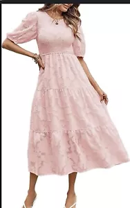 Puffärmel gesmoktes Blumen Kleid Rundhals Spitze fließend Stufen Midikleid 2XL ROSA - Bild 1 von 6