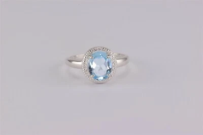 Sterling Silver Oval Blue Topaz Pebble Bezel Halo Band Ring DBJ 925 Sz: 9 - Image 1 of 4