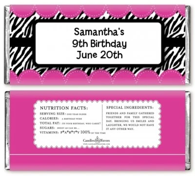 Envoltorios de barra de caramelo personalizados para fiesta de cumpleaños rosa con estampado de cebra - Favor de caramelo Foto 1 de 2