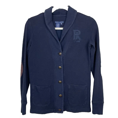 Chaqueta Blazer Ralph Lauren Tejida Para Mujer XS Azul Suéter Parches en el Codo Logo Preppy Foto 1 de 4