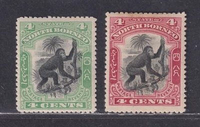 North Borneo Scott 103-104 MH 1899-1900 4c Orangutan 2 Different Colors SCV $50 - Image 1 of 2