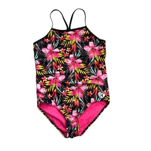 Hurley Girls Black Hyper Pink Floral Spaghetti Strap One Piece Swimsuit 10/12 - Picture 1 of 4