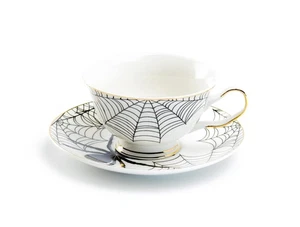 Black Spider White Gold Tea Cup and Saucer with Gold Trim Halloween - Picture 1 of 3