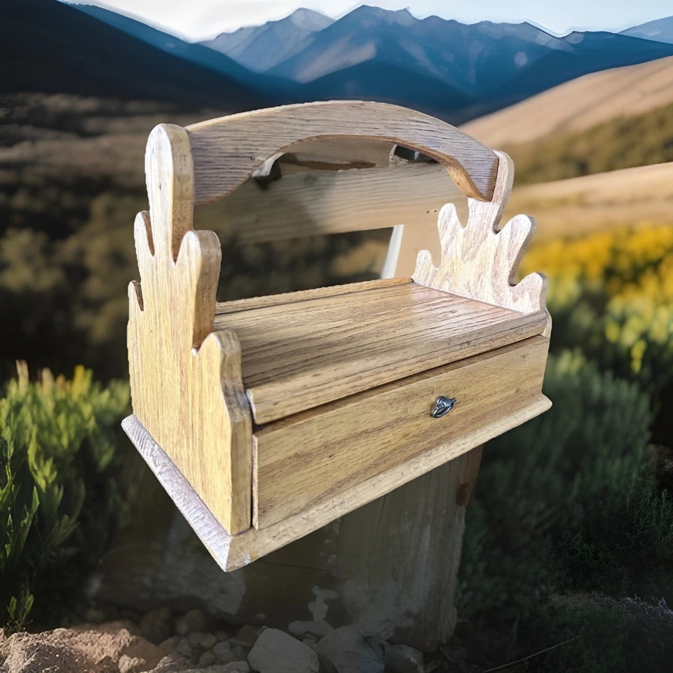 Vintage Wooden Sewing Box Caddy with Handle & Drawer, Rustic Wood Craft Storage  - Image 1 of 4