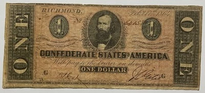 1864 $1 Confederate States of America Currency of Richmond, VA SN 34058 - Image 1 of 2