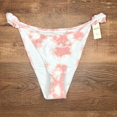 Aerie Ruffle Cheekiest Bikini Bottom Size Large High Cut Pink White Tie Dye NWT - Image 1 of 4