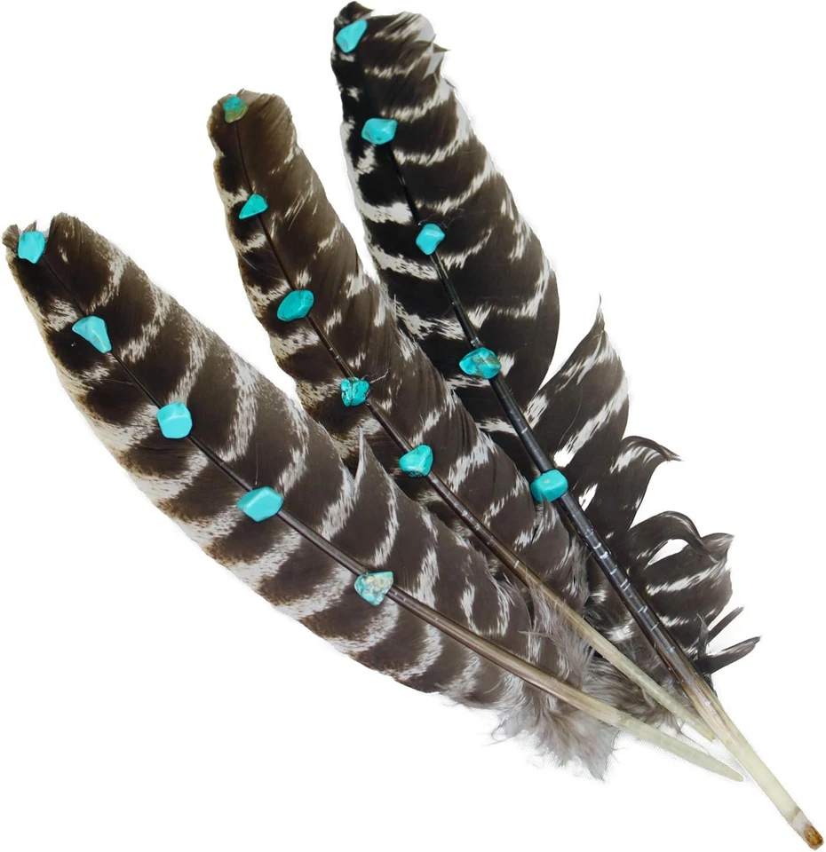 Pluma de pavo tachonada turquesa hecha a mano - Pluma barrada natural para manualidades, H Foto 1 de 4