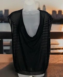 Eileen Fisher Top Black Sheer Mesh Windowpane Sexy Plunge MEDIUM NWT RETAIL $218 - Picture 1 of 10