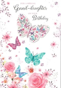 Granddaughter Birthday Card - Butterflies and Flowers with Gold Foil 7.75x5.25" - Picture 1 of 4