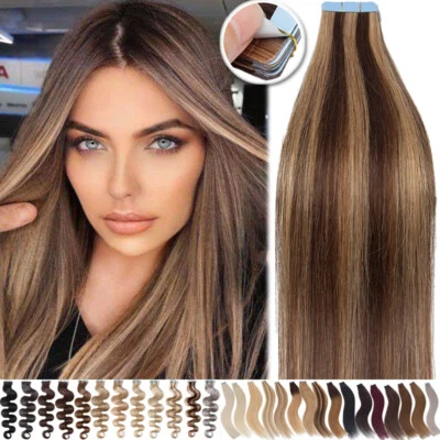 Cinta en extensiones de cabello humano real 100 % Remy trama de piel onda de cabeza completa 150 g de grosor Foto 1 de 4