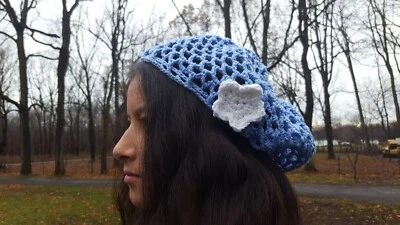 Sombrero holgado azul con flores Snood boina cubierta algodón hecho a mano ganchillo Foto 1 de 4