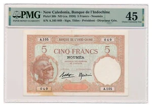 NEW CALEDONIA banknote 5 Francs 1926 PMG XF 45 Choice Extremely Fine - Picture 1 of 7