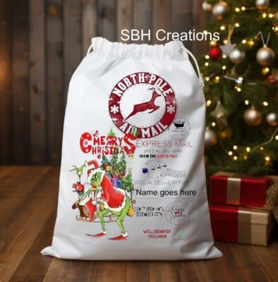 Christmas Santa Grinch Bag Gift Sack Presents Bag | Name on Sack Included - Image 1 of 2