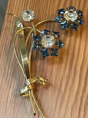 1940's BLUE RHINESTONES FLOWER BOUQUET REJA Style GOLD VERMEIL Sterling Silver - Image 1 of 4